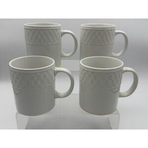 4- Vintage Waverly Mugs Fine White Porcelain Basket Weave Pattern Pre-owned